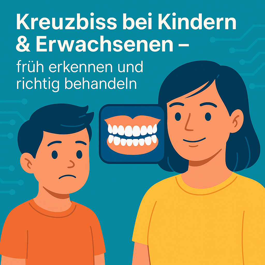Illustration zeigt ein Kind und eine Frau mit einem Kreuzbiss-Diagramm – visuelle Darstellung zur frühzeitigen Erkennung und Behandlung von Kreuzbissen bei Kindern und Erwachsenen