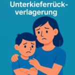 Besorgte Mutter hält ihr Kind im Arm – Flat Design Illustration zur Unterkieferrückverlagerung bei Kindern, thematisiert kieferorthopädische Frühbehandlung.