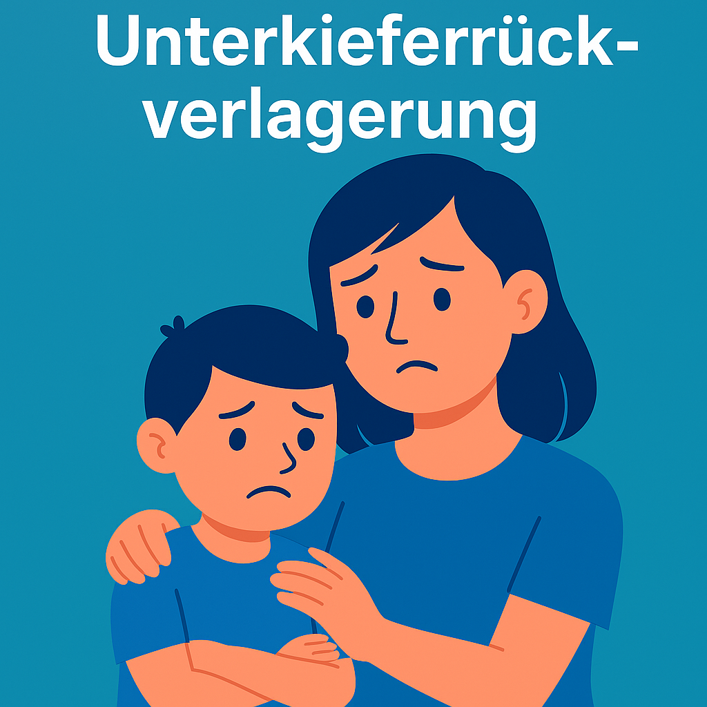 Besorgte Mutter hält ihr Kind im Arm – Flat Design Illustration zur Unterkieferrückverlagerung bei Kindern, thematisiert kieferorthopädische Frühbehandlung.