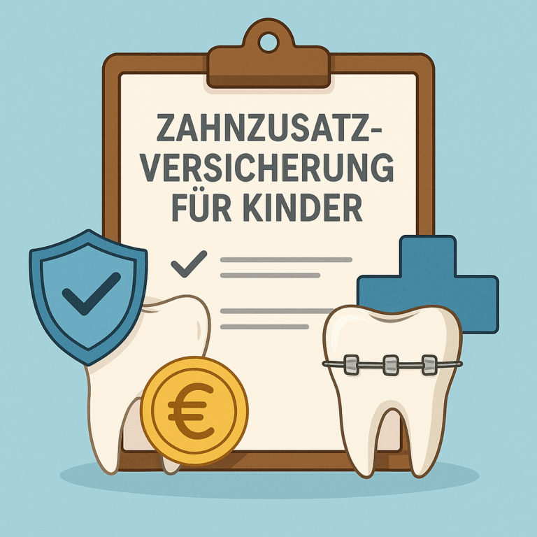 Grafik mit Zahnsymbolen, Eurozeichen, Schutzschild und Zahnspange vor einem Clipboard mit dem Schriftzug „Zahnzusatzversicherung für Kinder“ – Symbolbild für kinder zahnzusatzversicherung.