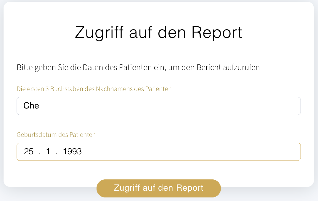 Screenshot eines Formulars zum Zugriff auf den persönlichen Report der digitalen Bissanalyse mit Namens- und Datumsfeld.