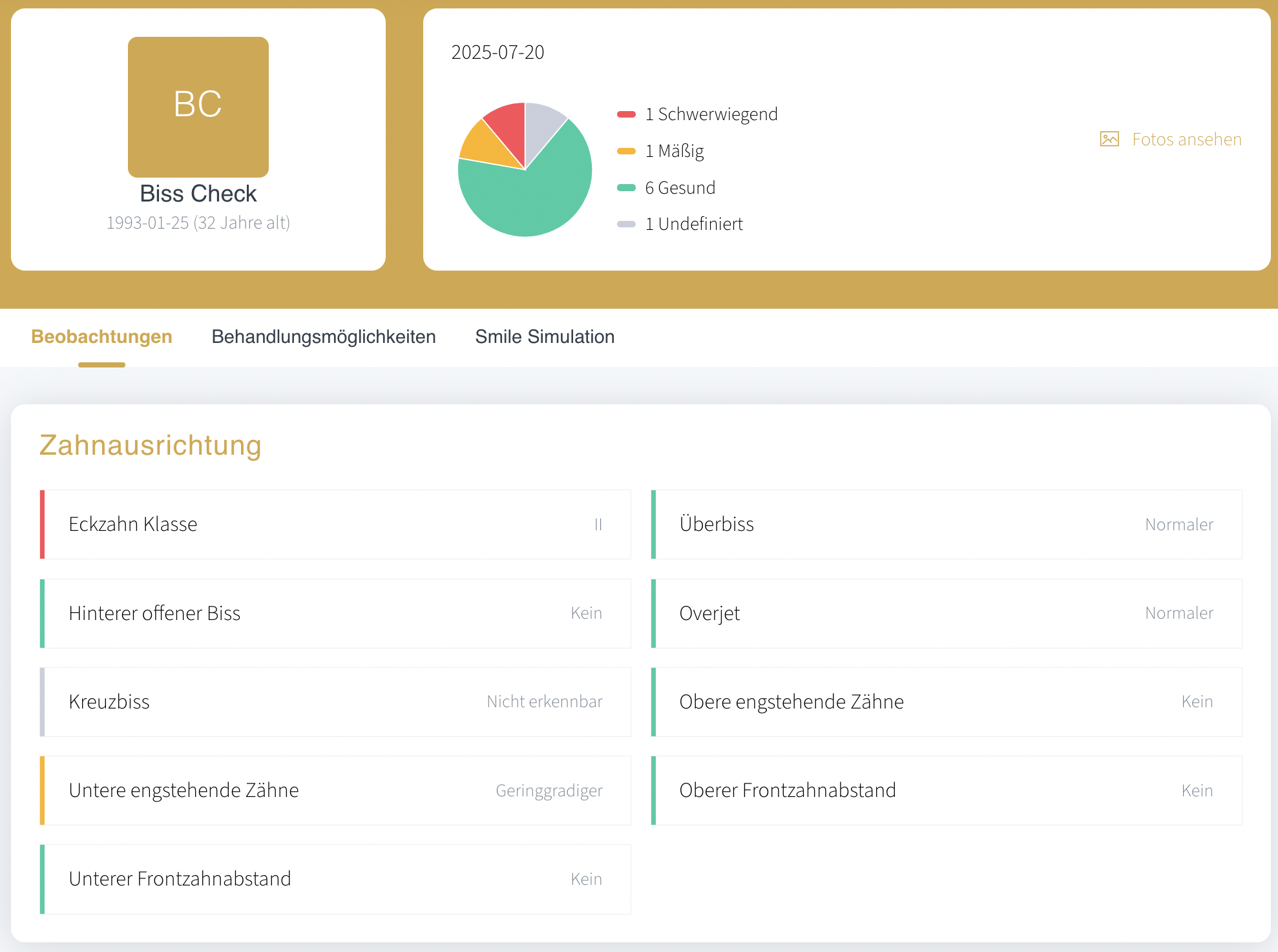 Tabelle mit Beobachtungen zur Zahnausrichtung im Rahmen der digitalen Bissanalyse, inklusive Klassifizierung nach Schweregrad.