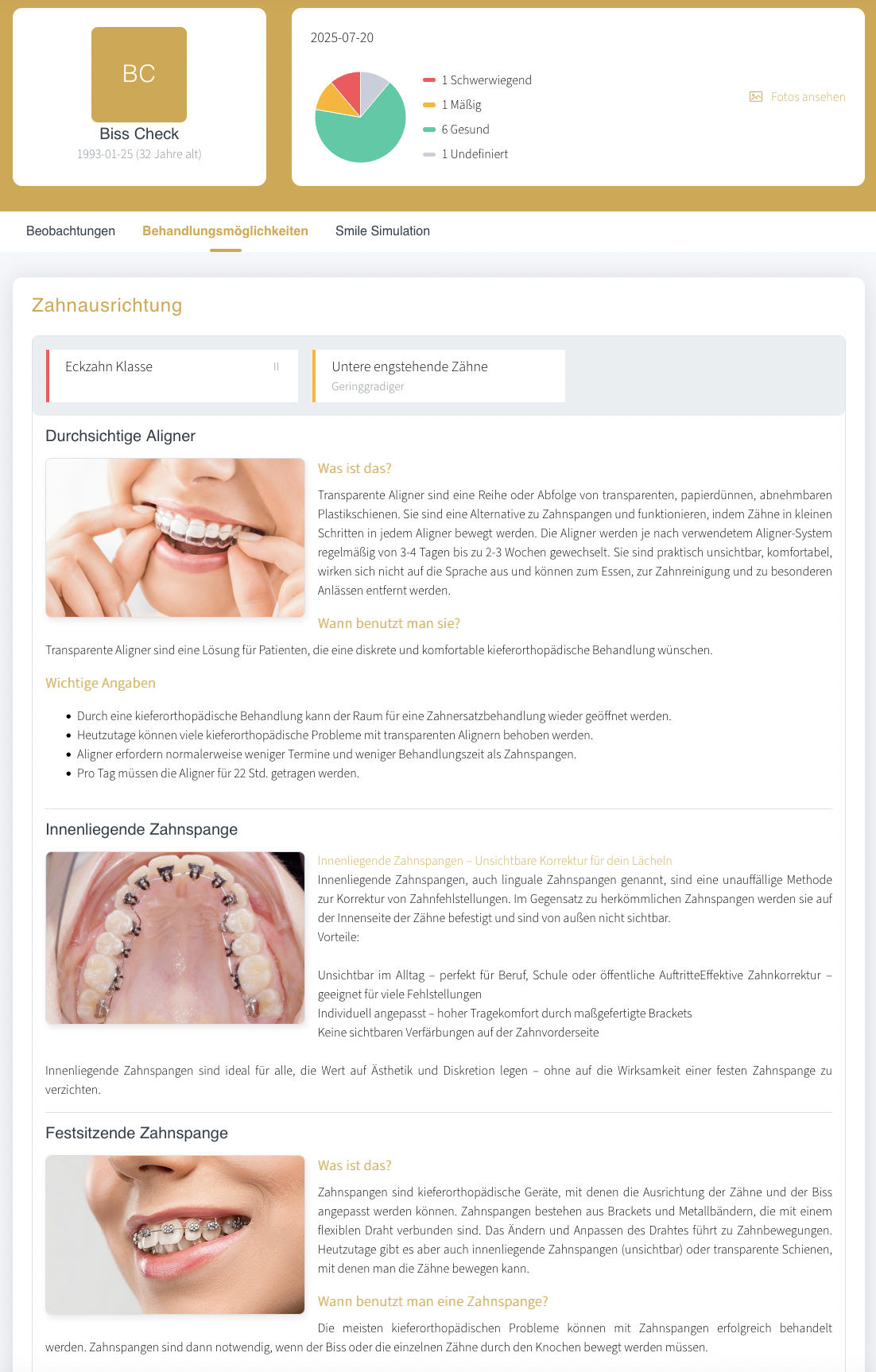 Übersicht der Behandlungsmöglichkeiten einer digitalen Bissanalyse mit Bildern zu Alignern, lingualen und festen Zahnspangen.