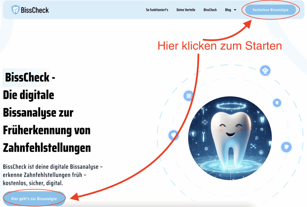 Screenshot der BissCheck-Startseite mit Buttons zur ersten digitalen Bissanalyse und einem digitalen Zahn-Icon zur Zahndiagnostik.