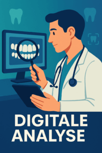 Illustration eines Zahnarztes mit Tablet und Bildschirm, der mithilfe einer Lupe eine digitale Bissanalyse durchführt.