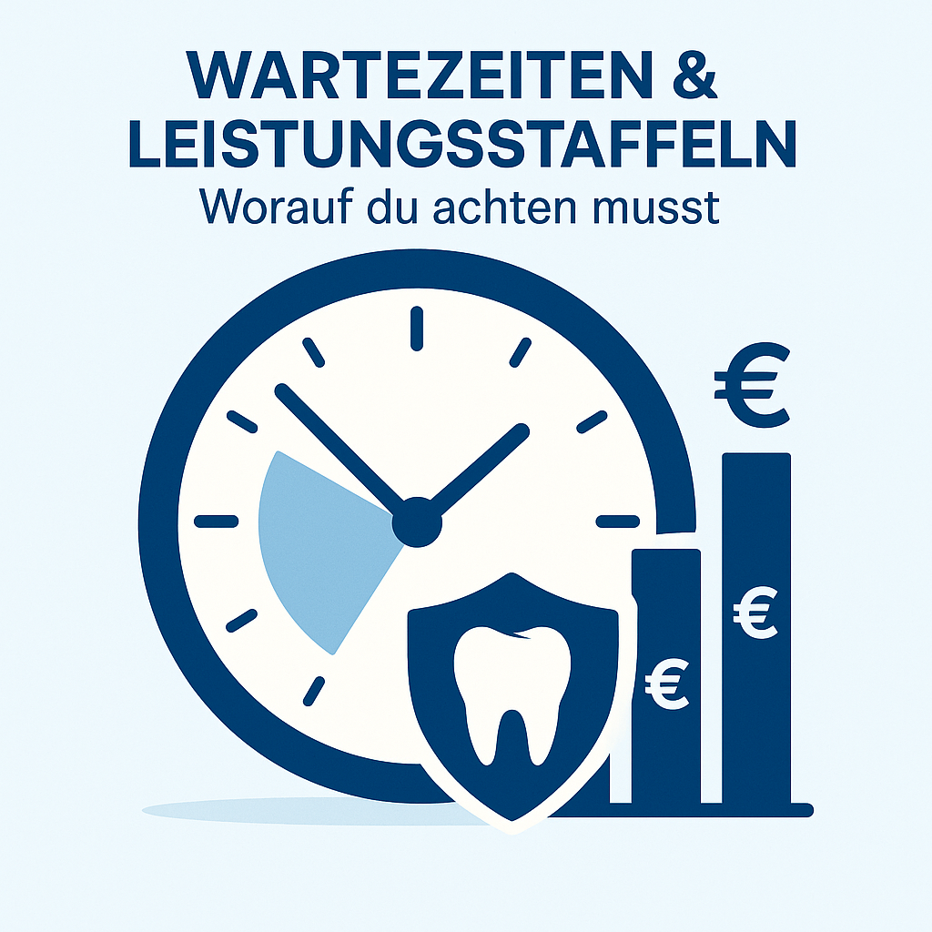 Stilisierte Uhr mit Zahn-Schutzschild und Balkendiagramm, das Wartezeiten und Leistungsstaffeln einer Zahnzusatzversicherung visualisiert.