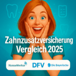 Illustration einer begeisterten Frau mit dem Text „Zahnzusatzversicherung Vergleich 2025“ zur Darstellung eines Versicherungsvergleichs für Zahngesundheit.