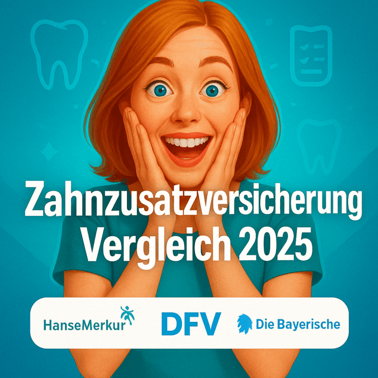 Illustration einer begeisterten Frau mit dem Text „Zahnzusatzversicherung Vergleich 2025“ zur Darstellung eines Versicherungsvergleichs für Zahngesundheit.