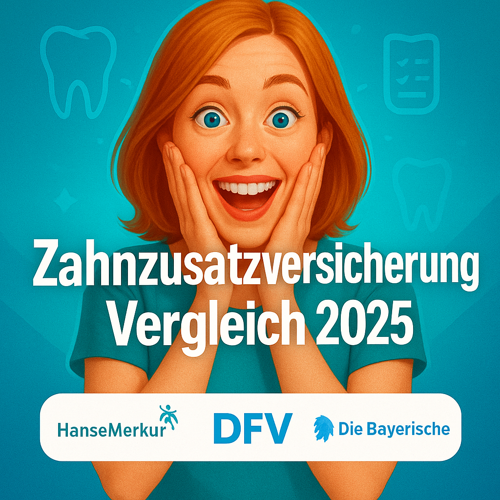 Illustration einer begeisterten Frau mit dem Text „Zahnzusatzversicherung Vergleich 2025“ zur Darstellung eines Versicherungsvergleichs für Zahngesundheit.