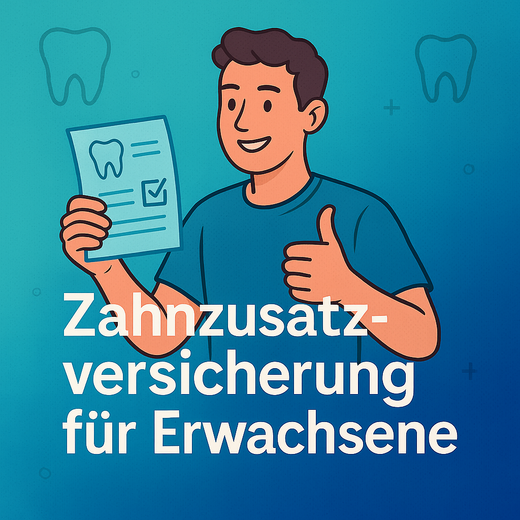 Cartoon-Illustration eines Erwachsenen mit Daumen hoch und Zahnzusatz­versicherungs­vertrag – symbolisiert Zahnschutz 2025.
