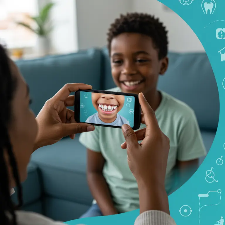 Elternteil fotografiert die Zähne eines Kindes mit dem Smartphone – Zahnfehlstellung mit Handy erkennen per digitaler Bissanalyse
