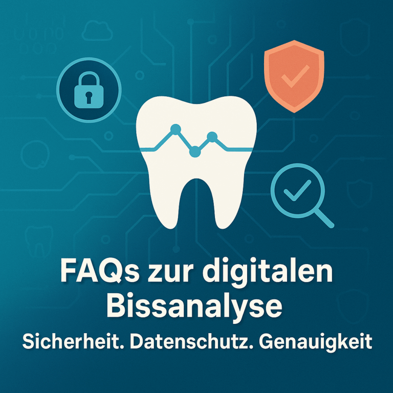 Grafik mit Text: FAQs zur digitalen Bissanalyse – Sicherheit, Datenschutz und Genauigkeit bei BissCheck