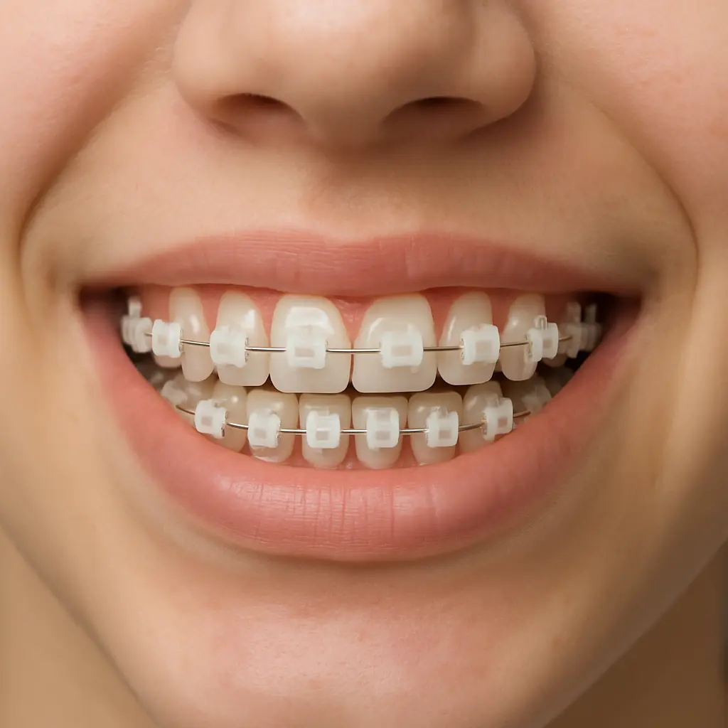 Nahaufnahme eines lächelnden Mundes mit Zahnspange aus Keramikbrackets – unauffällige feste Zahnspange für Erwachsene und Jugendliche