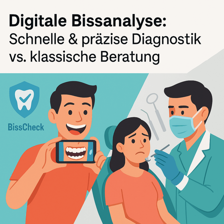 Illustration zur digitalen Bissanalyse: Vergleich zwischen moderner Technologie und klassischer zahnärztlicher Beratung mit Patientin im Behandlungsstuhl