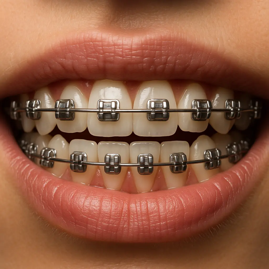 Nahaufnahme eines lächelnden Mundes mit fester Zahnspange aus Metallbrackets – klassische Methode zur Korrektur von Zahnfehlstellungen