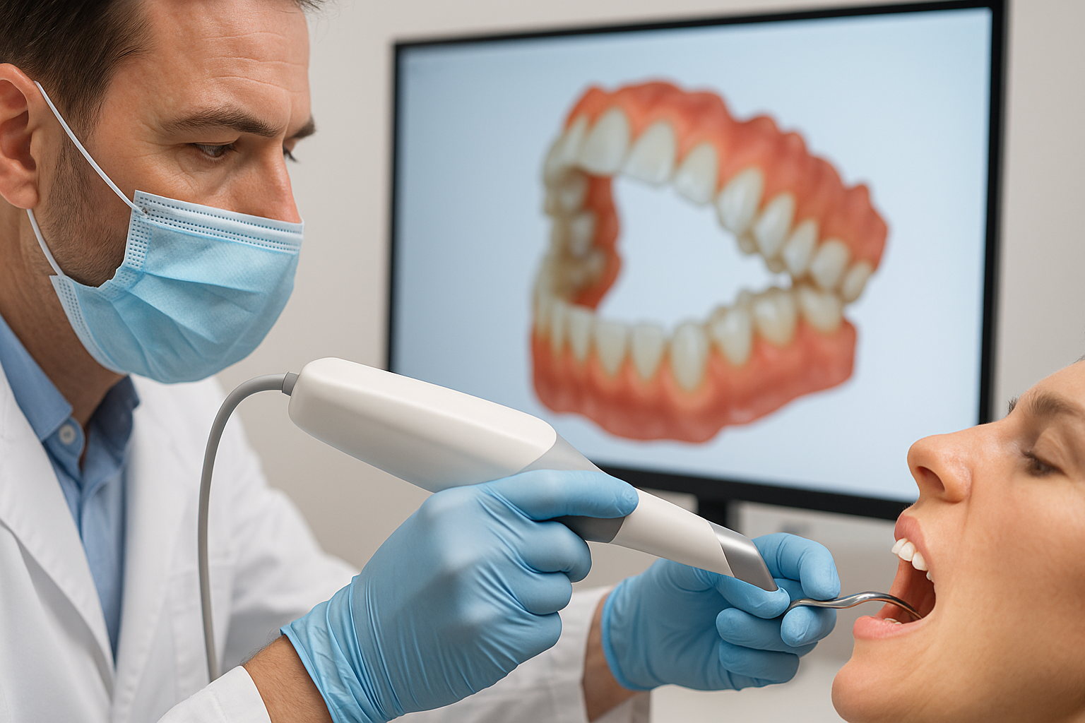 Zahnarzt scannt Zähne mit Intraoralscanner, digitale 3D-Darstellung des Gebisses auf Bildschirm
