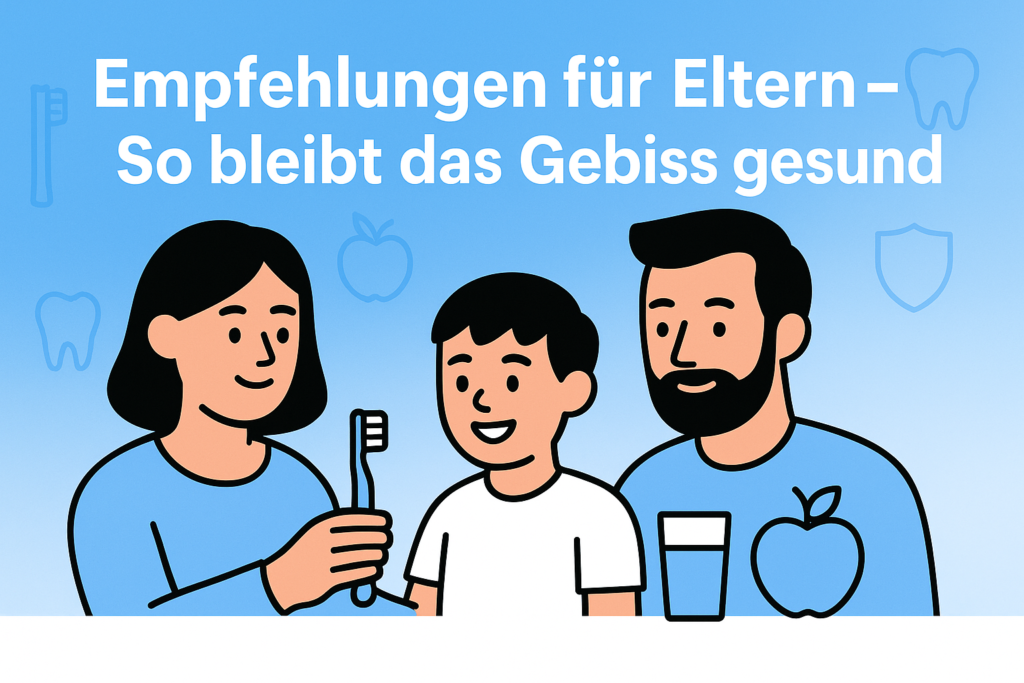 Illustration von Eltern mit Kind und Zahnbürste – Empfehlungen für gesunde Zähne im Zusammenhang mit Schnullergebrauch