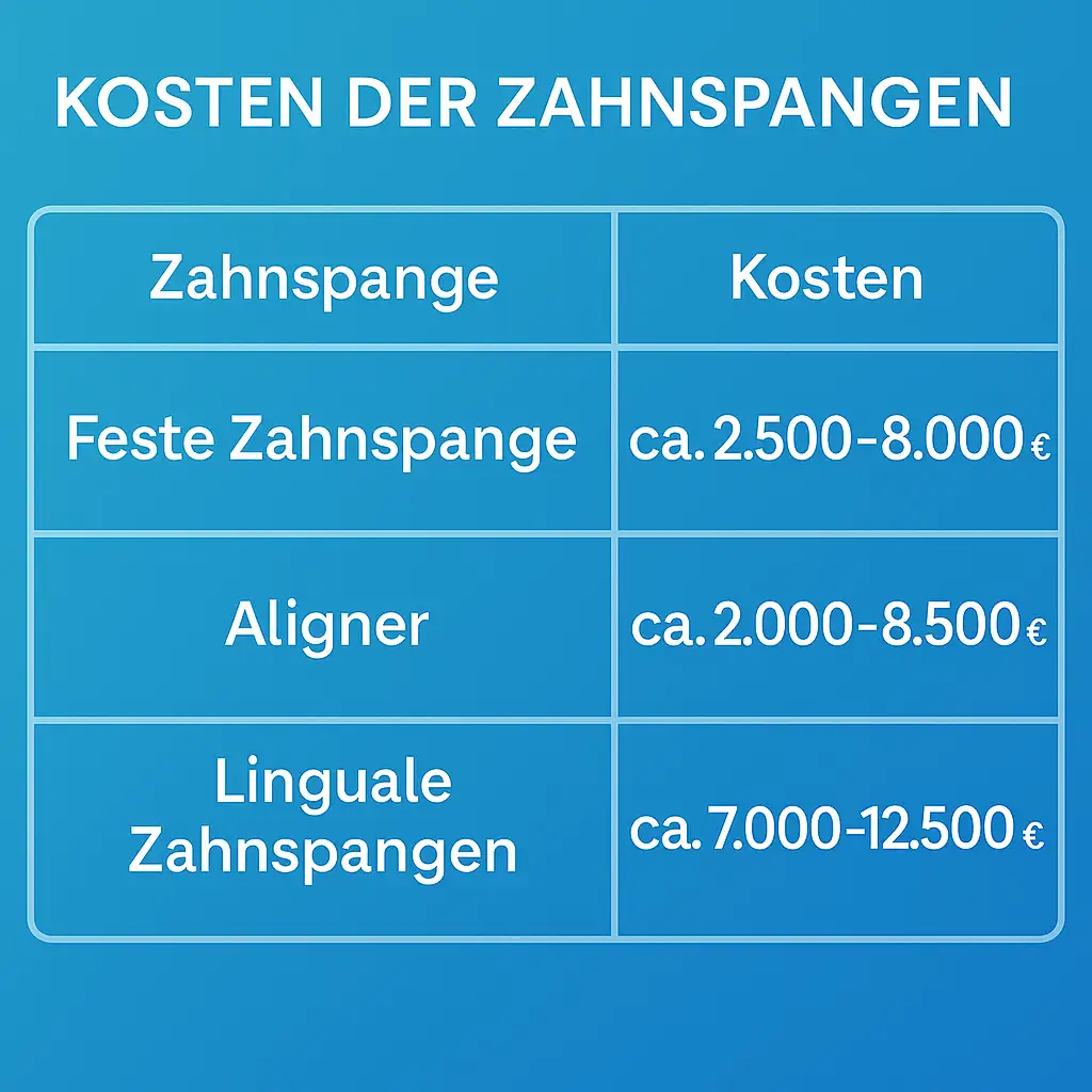 Tabelle mit Kostenübersicht für Zahnspangen: feste Zahnspange ca. 2.500–8.000 €, Aligner ca. 2.000–8.500 €, linguale Zahnspangen ca. 7.000–12.500 €