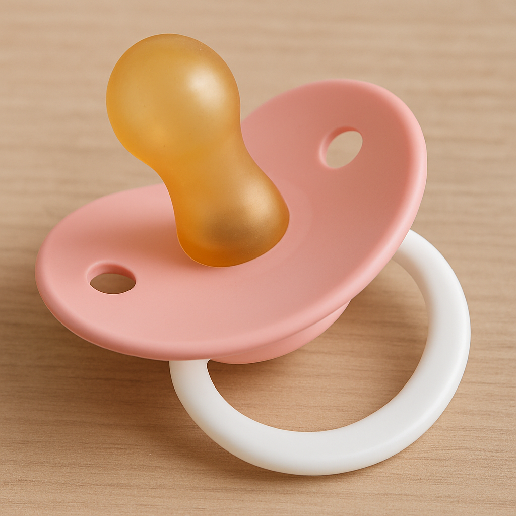 Foto eines bunten Schnullers für Kinder, der bei längerem Gebrauch Zahnfehlstellungen wie Überbiss oder offenen Biss begünstigen kann