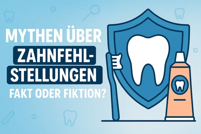 Illustration zu Mythen über Zahnfehlstellungen mit Zahn, Zahnbürste und Zahnpasta – Fakt oder Fiktion?