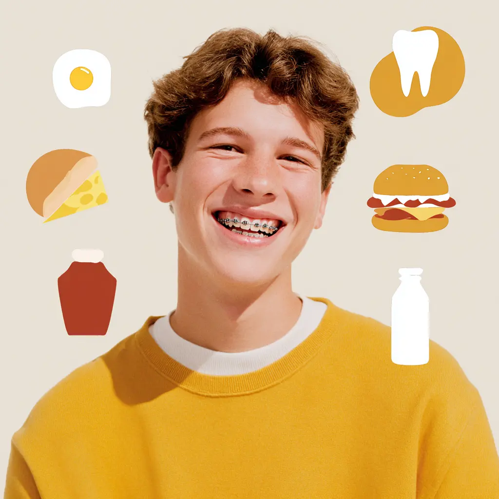 Lachender Teenager mit Zahnspange; Icons für Ei, Käse, Burger, Milch und Sauce veranschaulichen geeignetes Essen mit Zahnspange