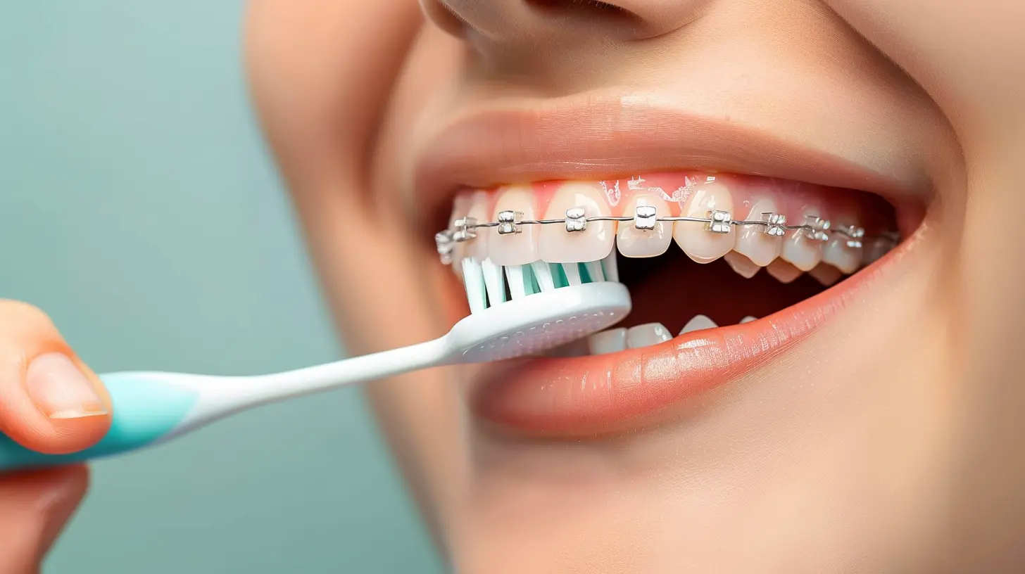 Nahaufnahme einer festen Zahnspange beim Zähneputzen mit Handzahnbürste; Beispiel für gründliche Pflege der Brackets