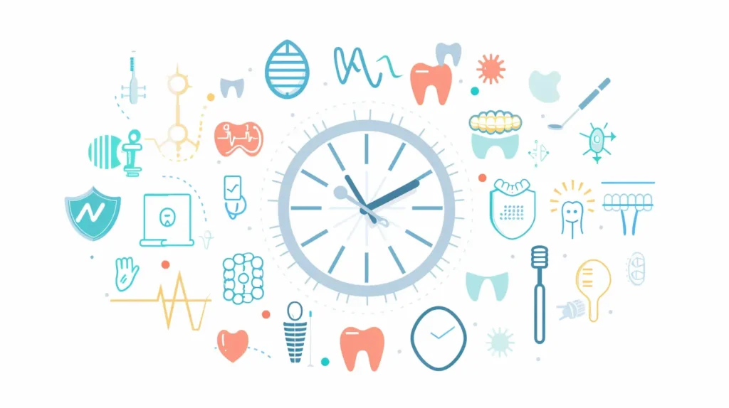 Illustration mit Uhr und zahnmedizinischen Symbolen rund um das Thema Dauer einer Zahnspangen-Behandlung