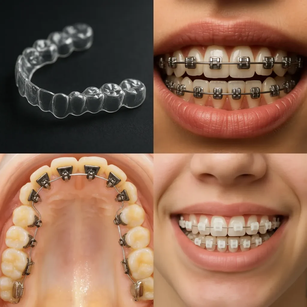 Collage: Aligner, Metallbrackets, linguale Spange und Keramikbrackets – Überblick zu gängigen Zahnspangen-Arten